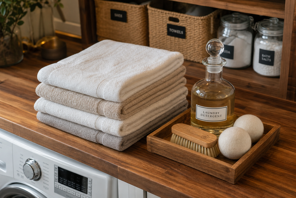 Before and after of a small laundry room organized with vertical shelving and a folding counter