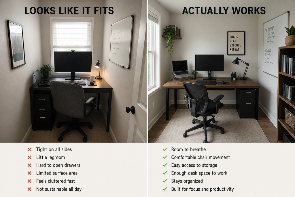 small home office idea - Looks like it fits” versus “actually works” small home office comparison