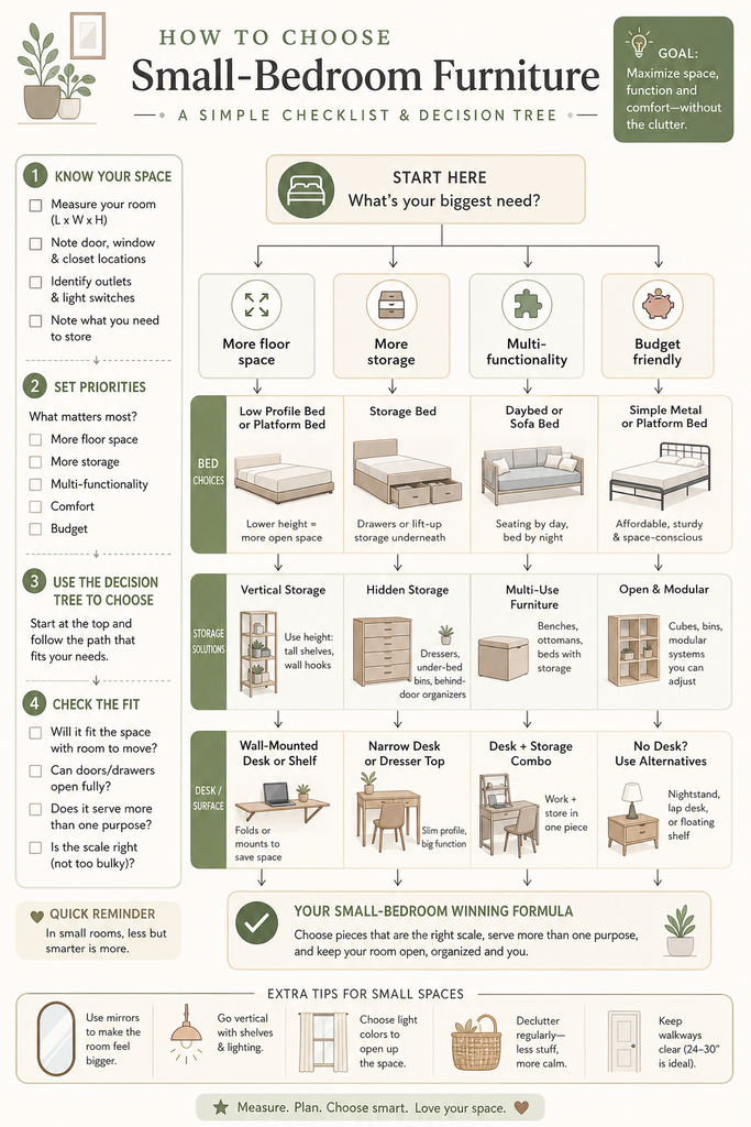 Space Saving Bedroom Furniture : Checklist graphic or decision tree for choosing small-bedroom furniture
