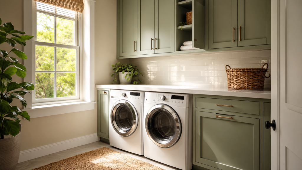 Modern, organized laundry room featuring side-by-side washer and dryer, white quartz countertop, and secure sage-green cabinets.
