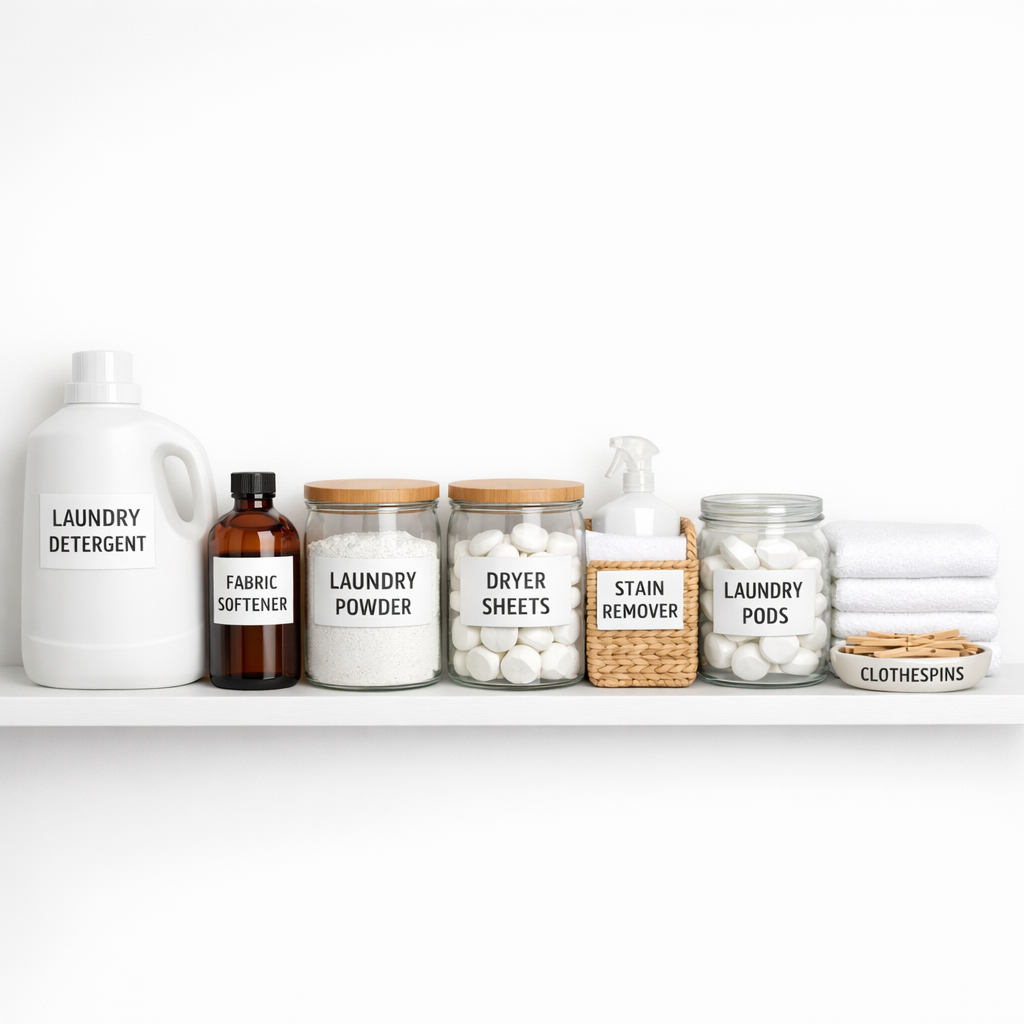Small laundry room storage ideas : Neatly arranged laundry supplies on a single shelf — minimal and labeled