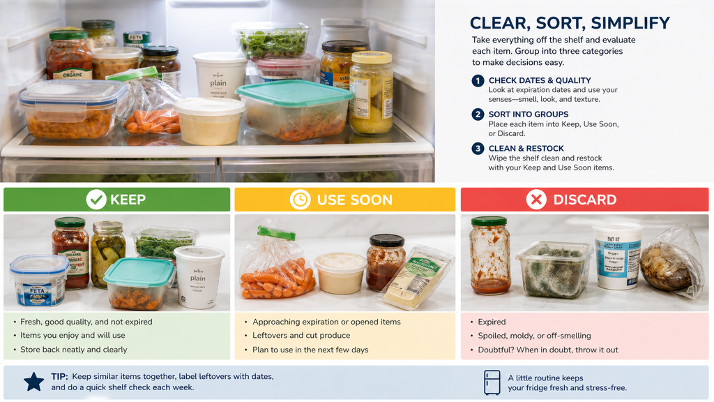 How to organize a refrigerator by sorting food into keep, use soon, and discard groups