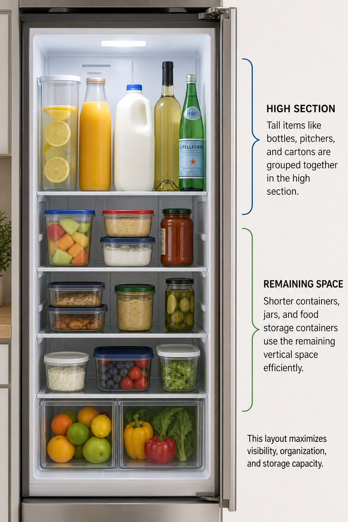 Organize a refrigerator by grouping tall containers and using vertical space efficiently