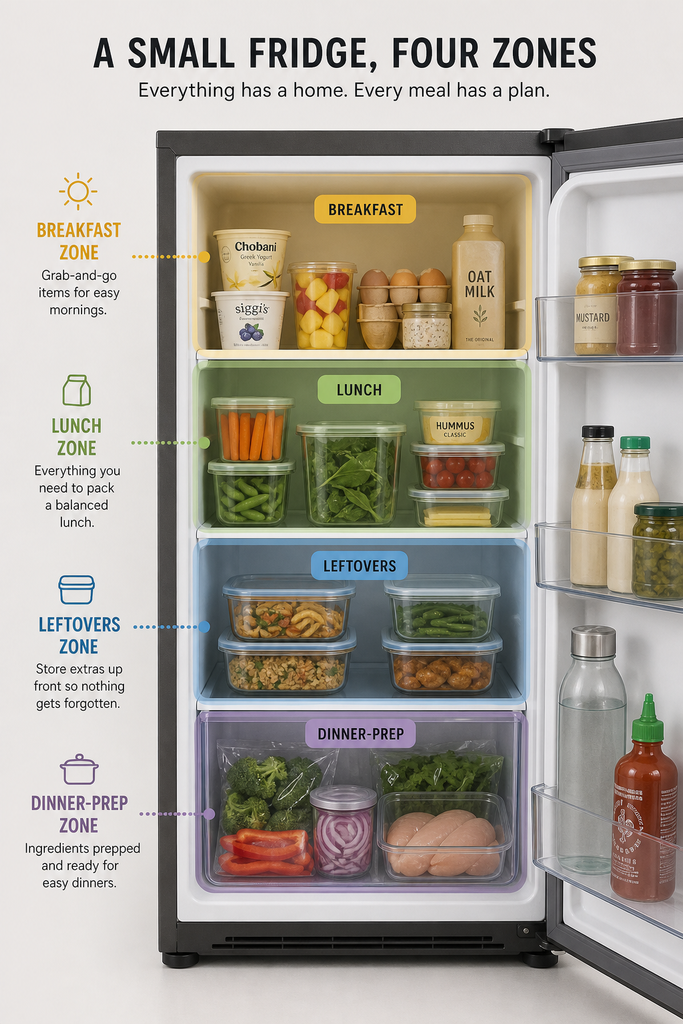 Organize a refrigerator into practical zones for breakfast, lunch, leftovers, and meal preparation