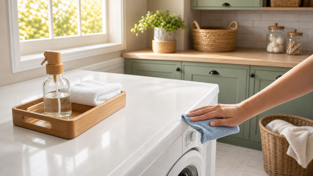 Quick cleaning and tidying of a modern laundry room a hand wiping the top of a white washing machine next to a basket of eco-friendly products, with a clean tiled floor in the background.