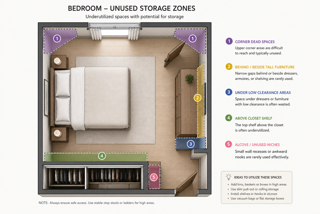 Space Saving Bedroom Furniture : Room diagram showing unused bedroom storage zones