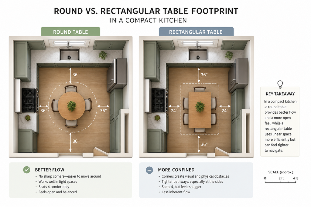 Round vs. rectangular table footprint in a compact kitchen comparing Best Kitchen Tables for Small Spaces