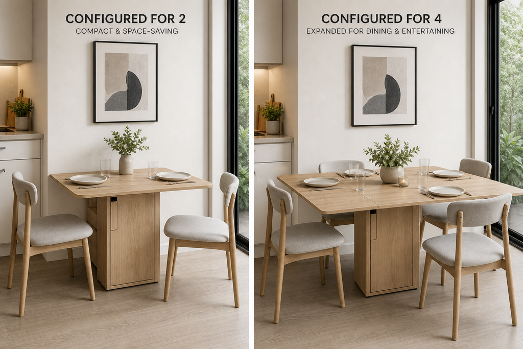 Same compact kitchen table configured for two people and expanded for four when choosing the best kitchen tables for small spaces.