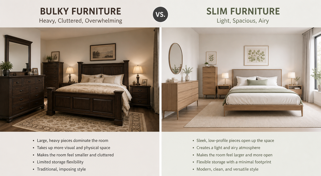 Side-by-side comparison of bulky vs. slim bedroom furniture