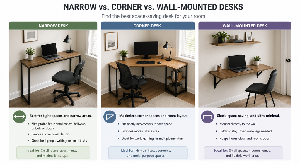 Small Home Office Ideas - Side-by-side comparison of narrow, corner, and wall-mounted desks
