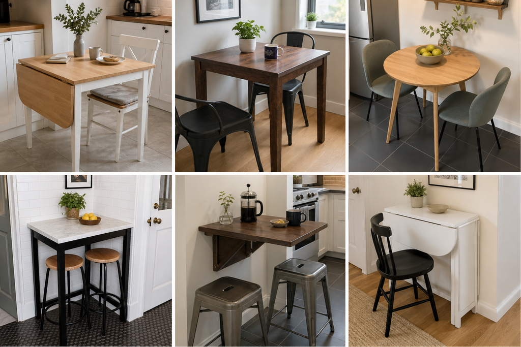 Six compact kitchen tables shown in realistic small-space settings-Best Kitchen Tables for Small Spaces.