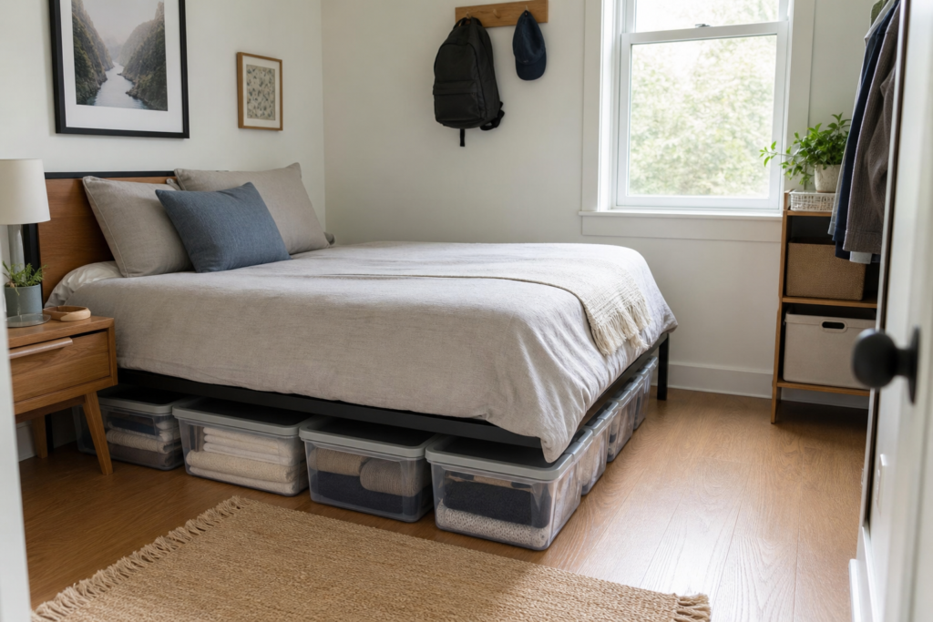 Small Bedroom Organization - small bedroom showing smart under-bed storage with low-profile bins