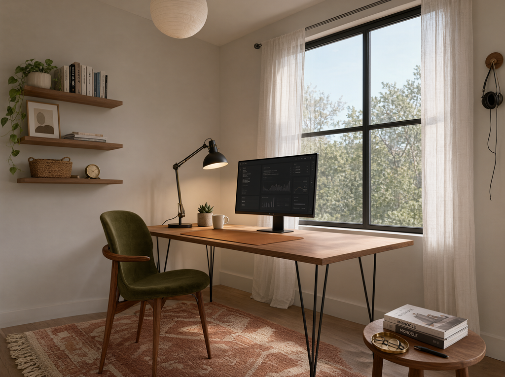 Small Home Office Ideas with desk beside window and compact task lamp