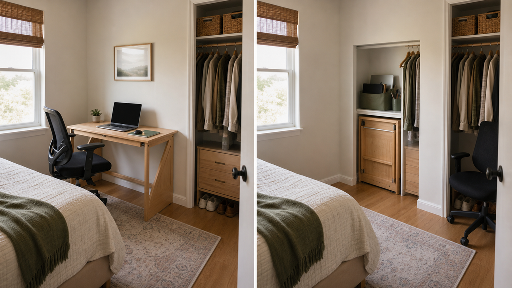 Home Office in a Small Bedroom: The same small bedroom with a folding workstation open and packed away.
