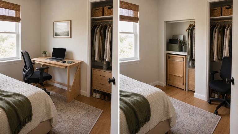 Home Office in a Small Bedroom: The same small bedroom with a folding workstation open and packed away.