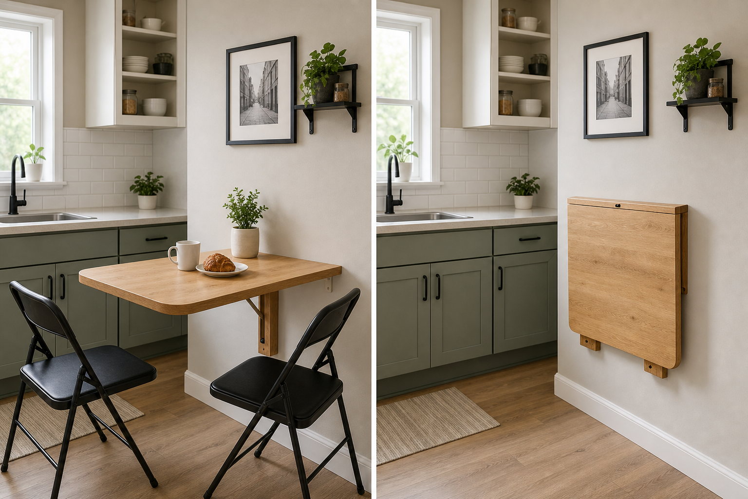 Small kitchen shown with a wall-mounted table open and folded-Best Kitchen Tables for Small Spaces.
