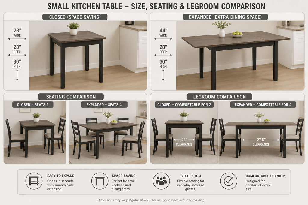 Small kitchen table comparison showing closed size, expanded size, seating, and legroom - Best Kitchen Tables for Small Spaces.