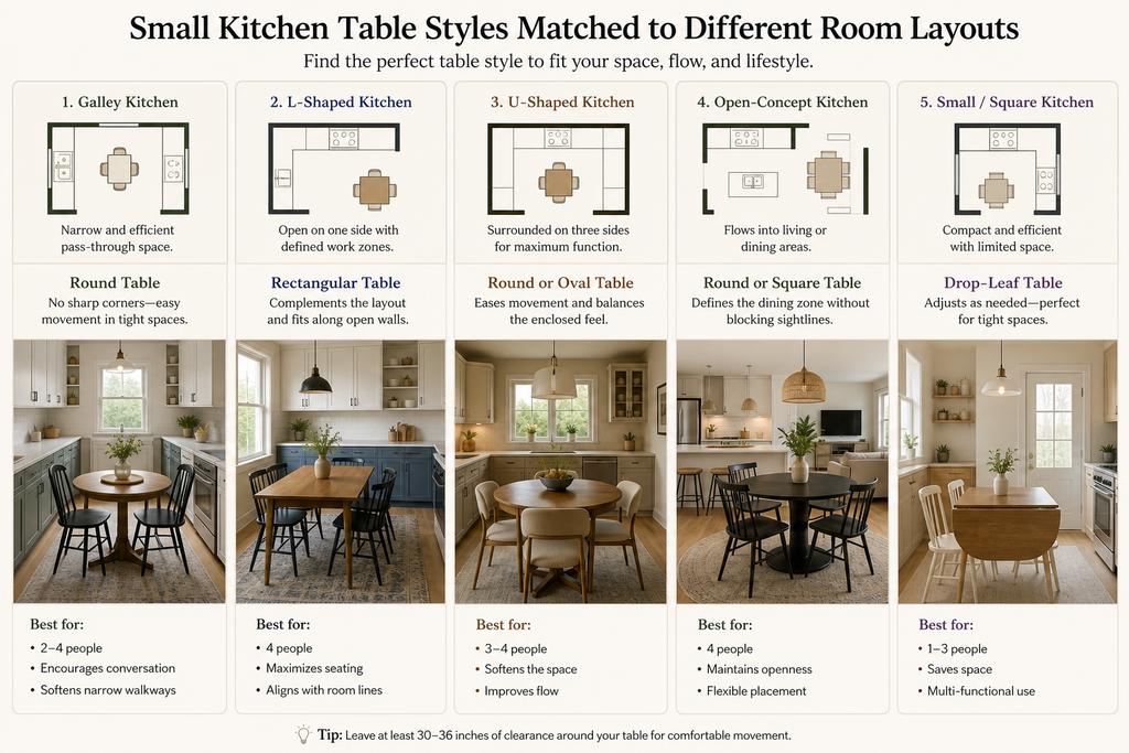 Small kitchen table styles matched to different room layouts- Best Kitchen Tables for Small Spaces.