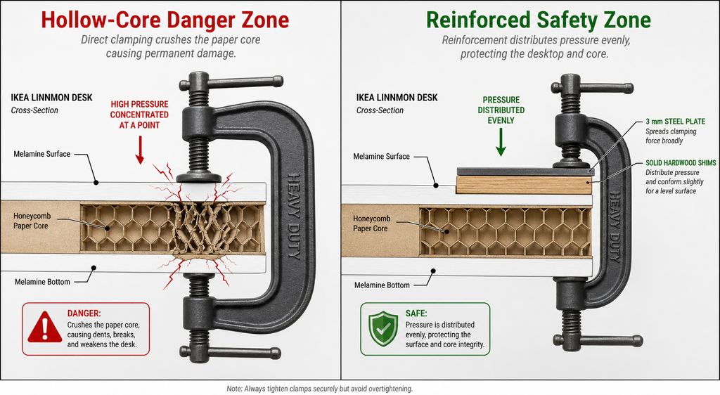 Laptop stand: Technical cross-section showing how a monitor arm clamp crushes a hollow-core cardboard desk versus how steel reinforcement plates protect it