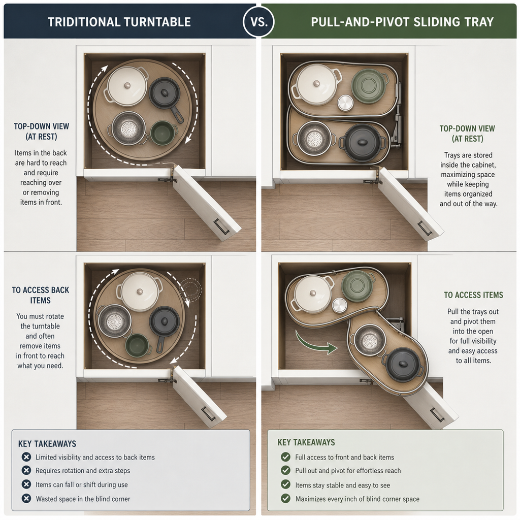 How to Organize Deep Kitchen Cabinets: Top-down diagram comparing a traditional turntable versus a pull-and-pivot sliding tray inside a blind corner cabinet.