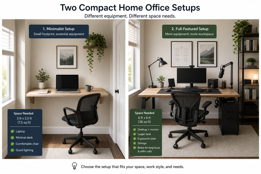 Two compact home office setups showing different equipment and space requirements