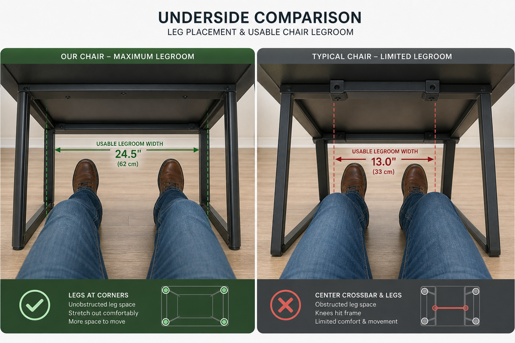 Underside comparison showing leg placement and usable chair legroom - Best Kitchen Tables for Small Spaces.