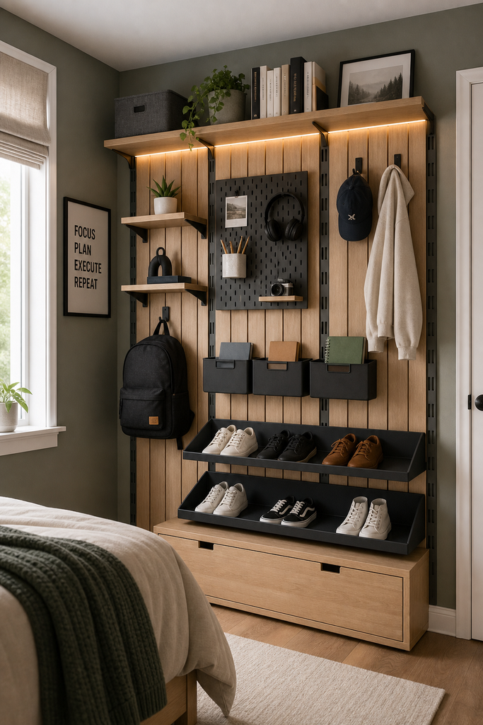 Vertical storage wall mockup in a small bedroom corner
