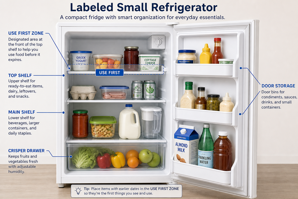 A labeled small refrigerator with two main shelves, a crisper drawer, door storage, and a visible “use first” zone