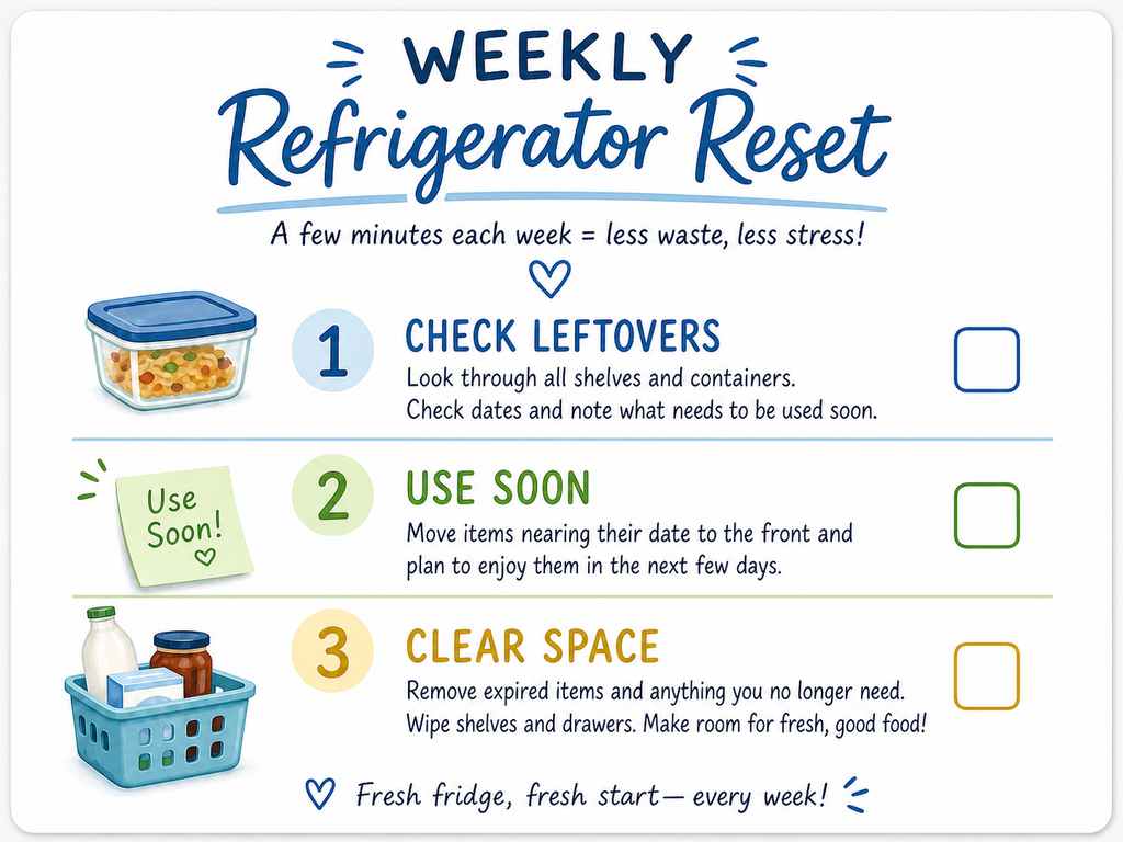 a simple weekly refrigerator reset checklist with “check leftovers,” “use soon,” and “clear space” steps