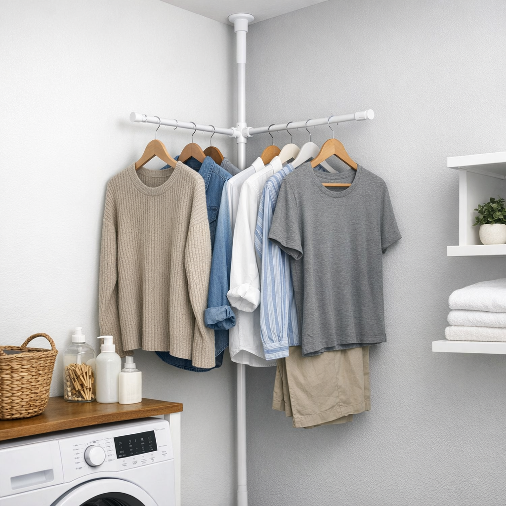 Small laundry room storage ideas : hanger storage solution for small laundry room with tension rod
