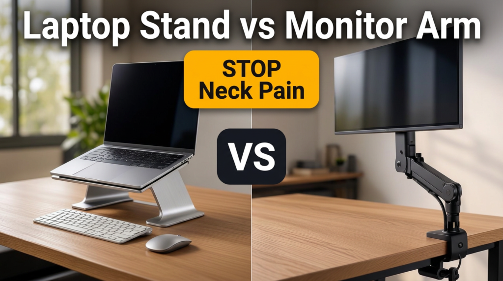 Laptop Stand: Comparison between an aluminum laptop stand and an articulated monitor arm on a modern desk