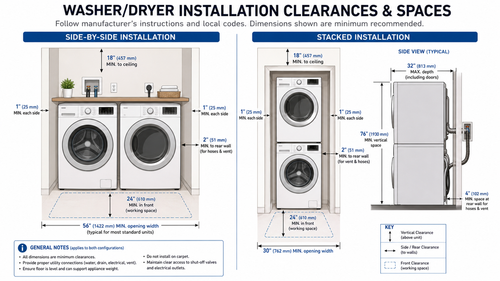 Laundry : Clearance diagram for front-loading washers and dryers showing 6 inches of rear wall clearance, 1 inch of side clearance, and a 48-inch front walkway.