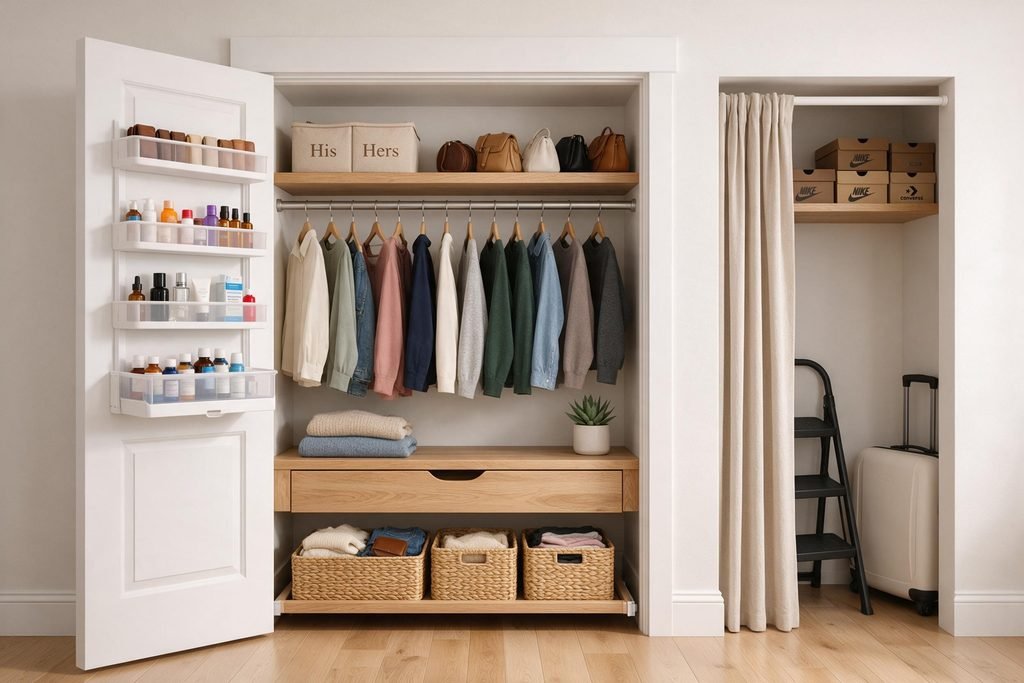 small closet organization : side-view small closet layout showing door storage, floor bins, and hidden corner space