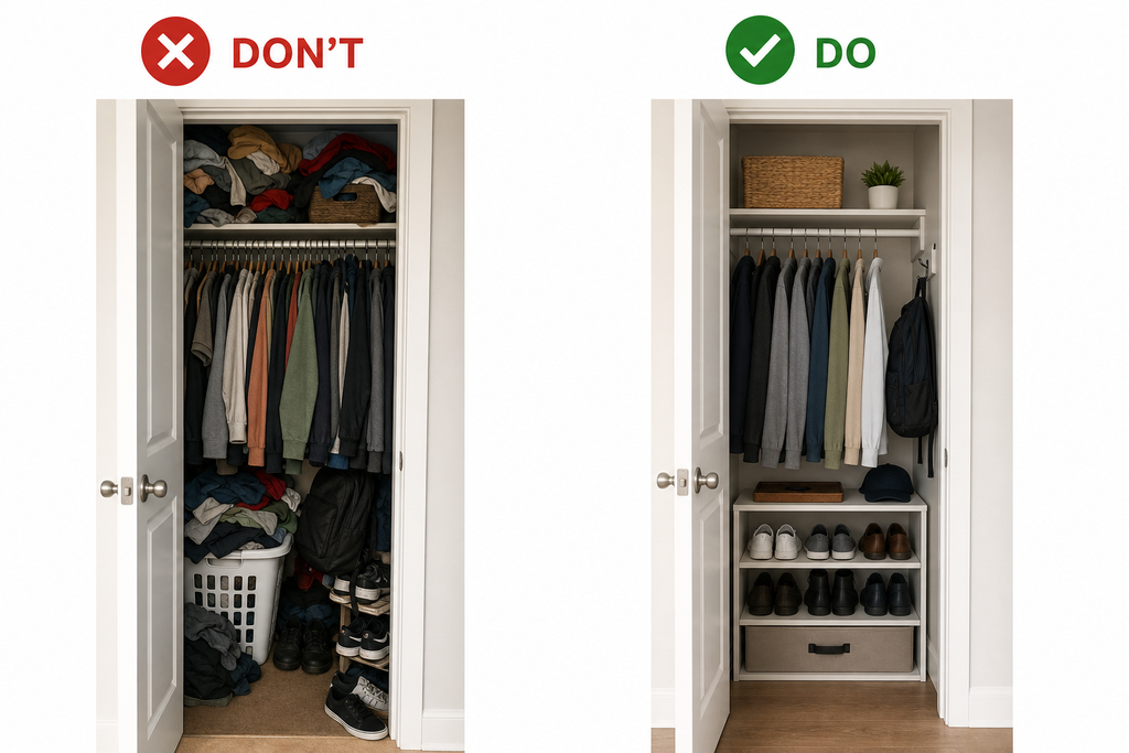 Small closet organization : simple dodon’t comparison showing a cramped closet versus a usable small closet.