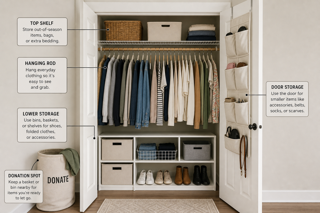Small closet organization : simple starter closet layout showing top shelf, hanging rod, lower storage, door storage, and donation spot