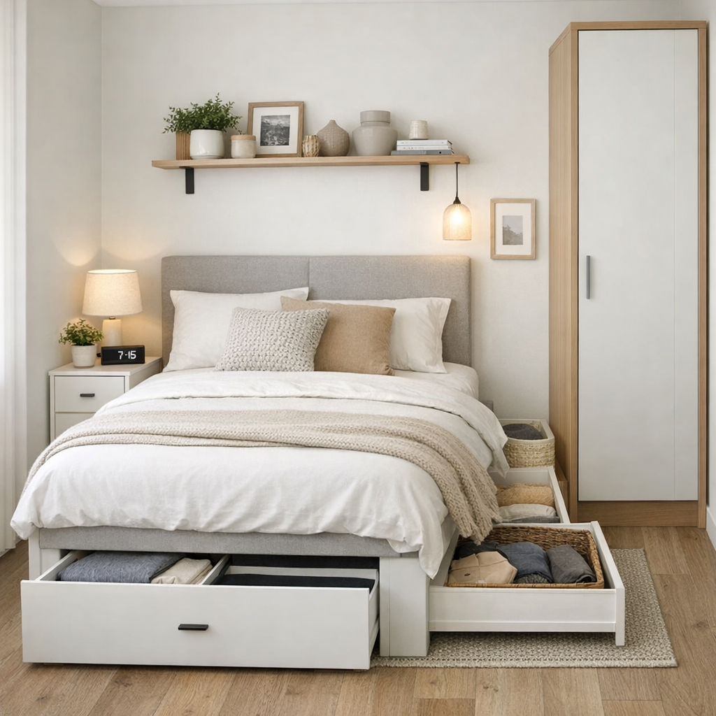 Small Bedroom Organization - small bedroom featuring space-saving furniture such as a storage bed