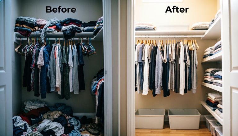 small closet organization before and after with sorted piles