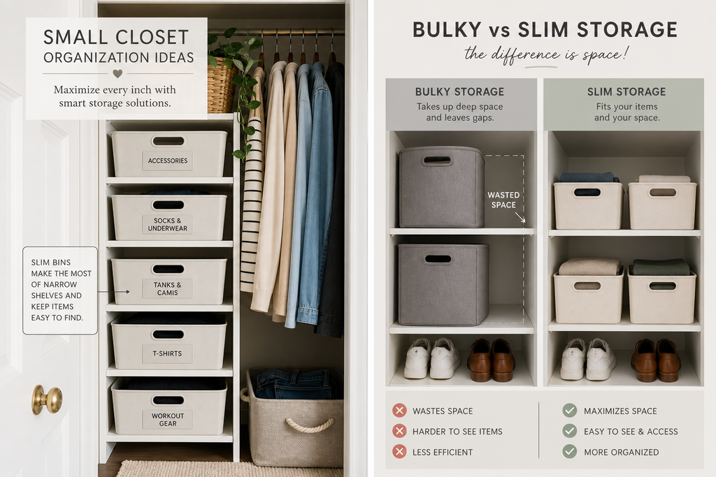 small closet organization guide_shelf with neatly labeled slim bins beside a bulky-vs-slim storage comparison, bedroom