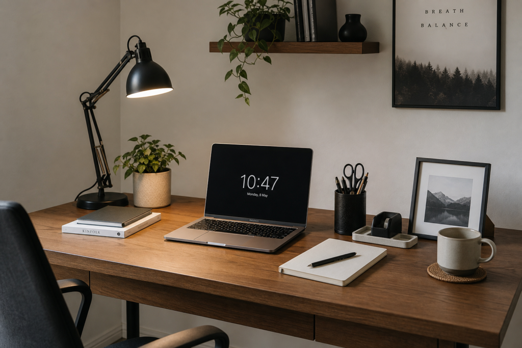 Small Home Office. small home office desk neatly organized with a laptop, notebook, pen holder, desk lamp, and a few carefully arranged accessories.