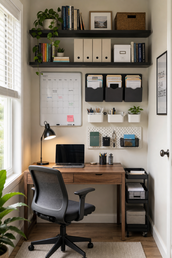 small home office showing smart vertical storage with floating shelves