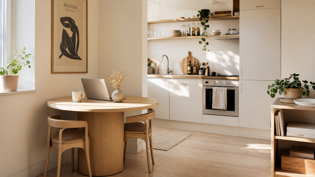 small kitchen table used for morning coffee and remote work