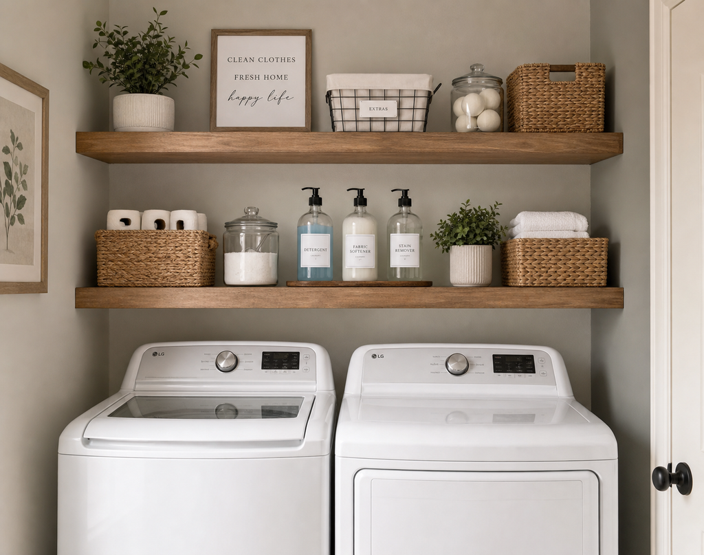 Small Laundry Room Storage Ideas : vertical storage ideas for small laundry room with wall-mounted shelves