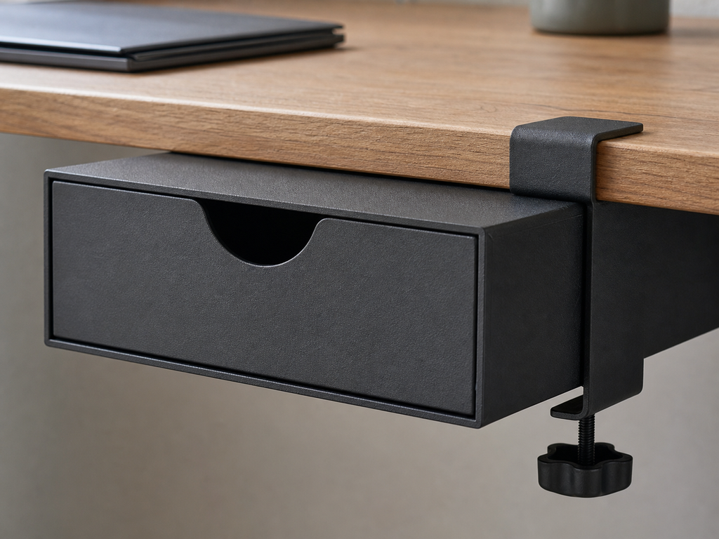 Clamp-on desk drawer attached without drilling