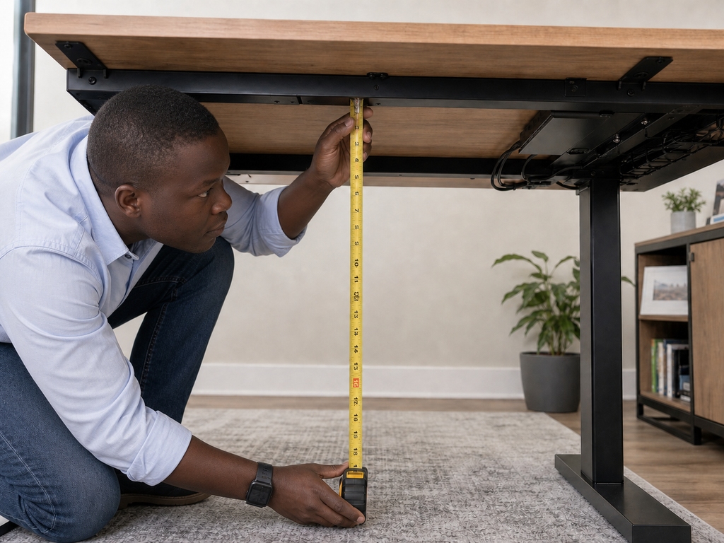 Measuring clearance beneath a desk before choosing under-desk storage