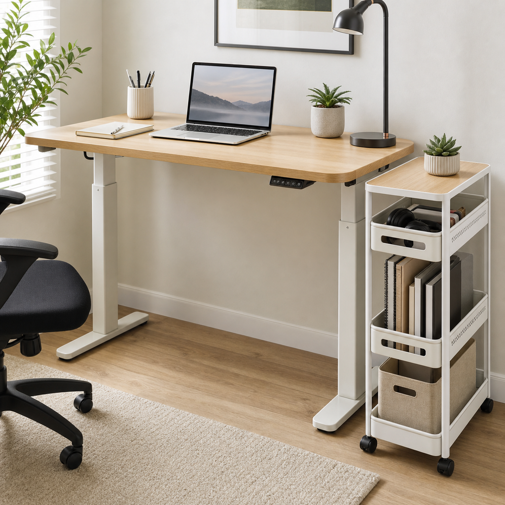 Slim rolling storage cart placed beside a desk for extra workspace storage