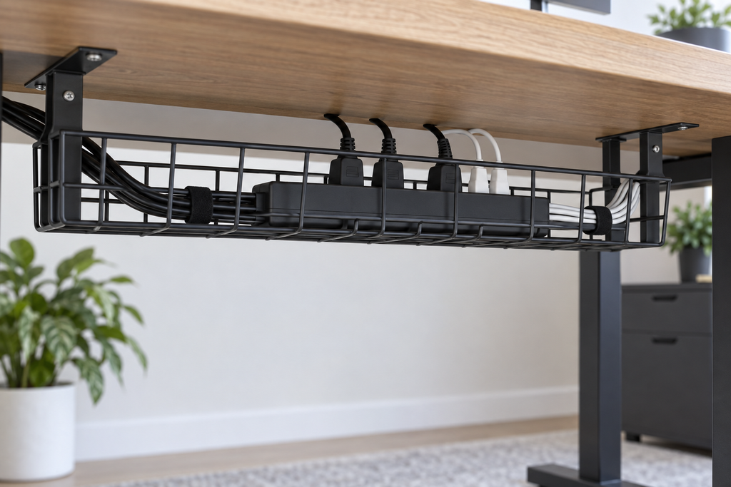 Under-desk cable basket keeping cords off the floor